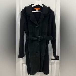 Cynthia Steffee Black Suede & Knit Belted Coat Rabbit Fur Trim Women’s Size L